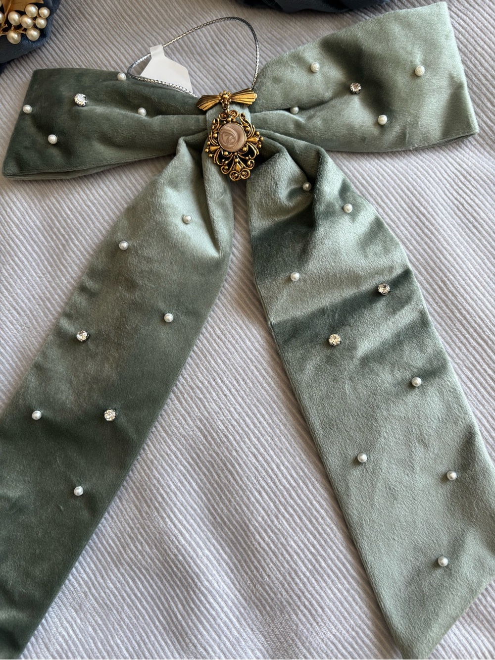 Velvet Pearl & Crystal Holiday Bow - Sage Green